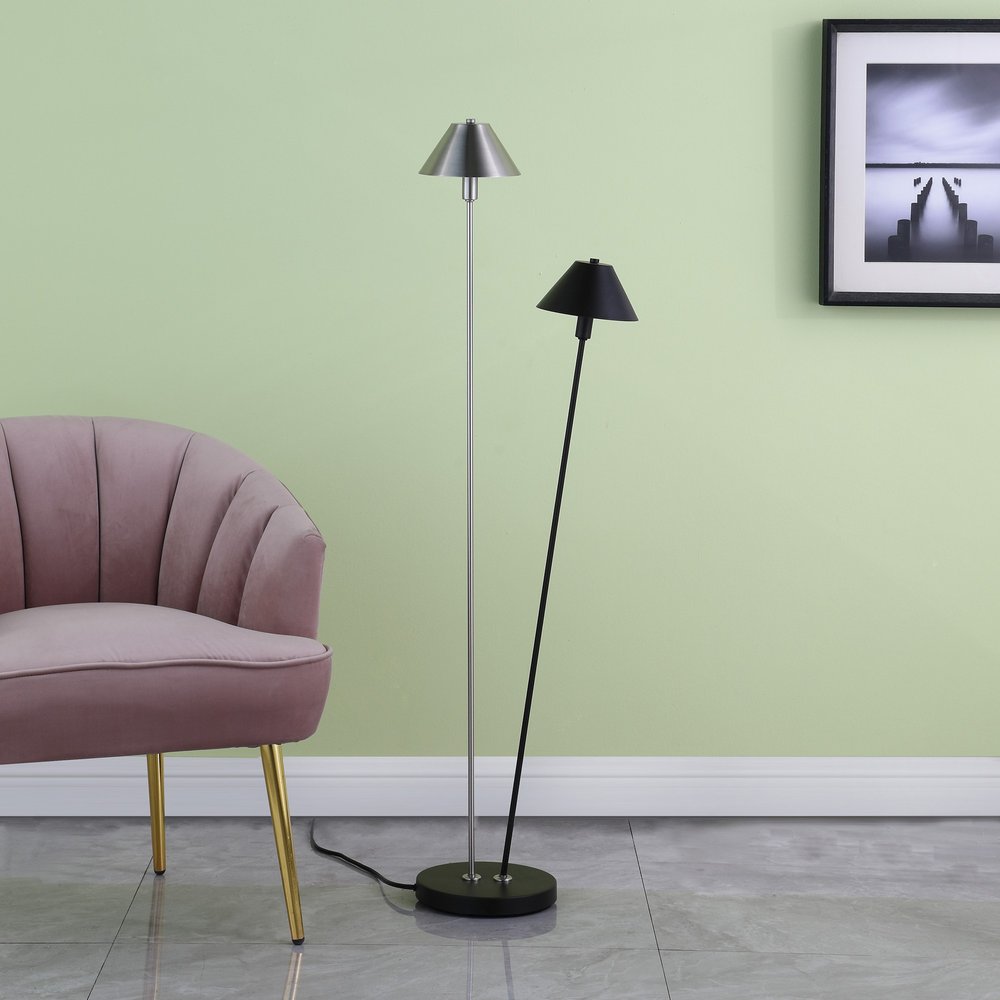 48" Black And Silver Two Light LED Novelty Floor Lamp With Black And Silver Metal Empire Shade HomeRoots