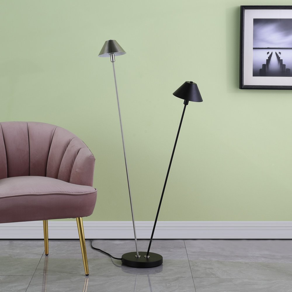 48" Black And Silver Two Light LED Novelty Floor Lamp With Black And Silver Metal Empire Shade HomeRoots
