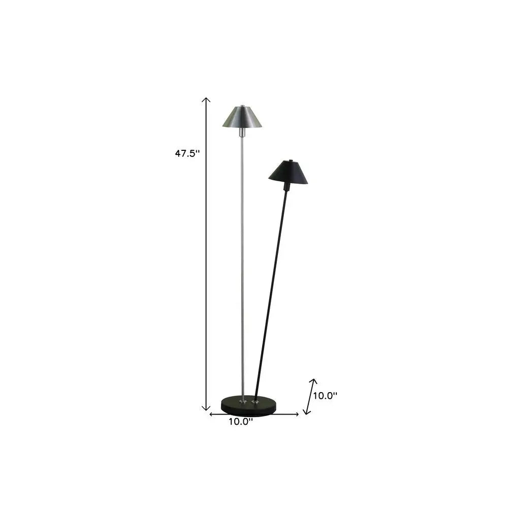 48" Black And Silver Two Light LED Novelty Floor Lamp With Black And Silver Metal Empire Shade HomeRoots