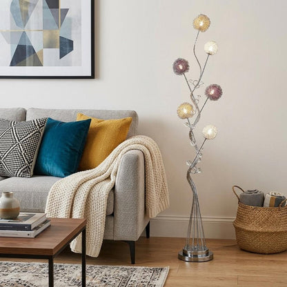 59" Silver Six Light LED Novelty Floor Lamp With Purple And White Metal Novelty Shade HomeRoots