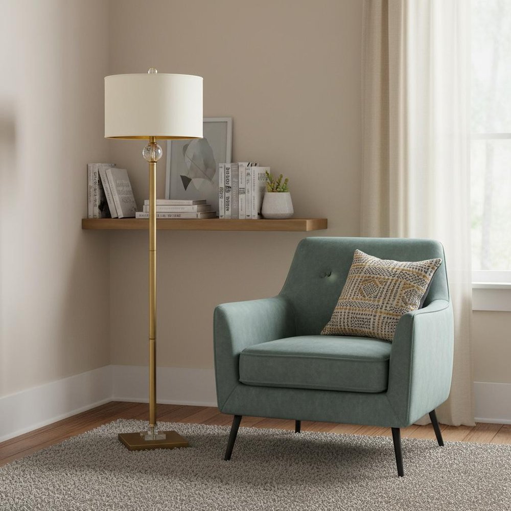 63" Gold Column Floor Lamp With Off White Metal Drum Shade — view 5