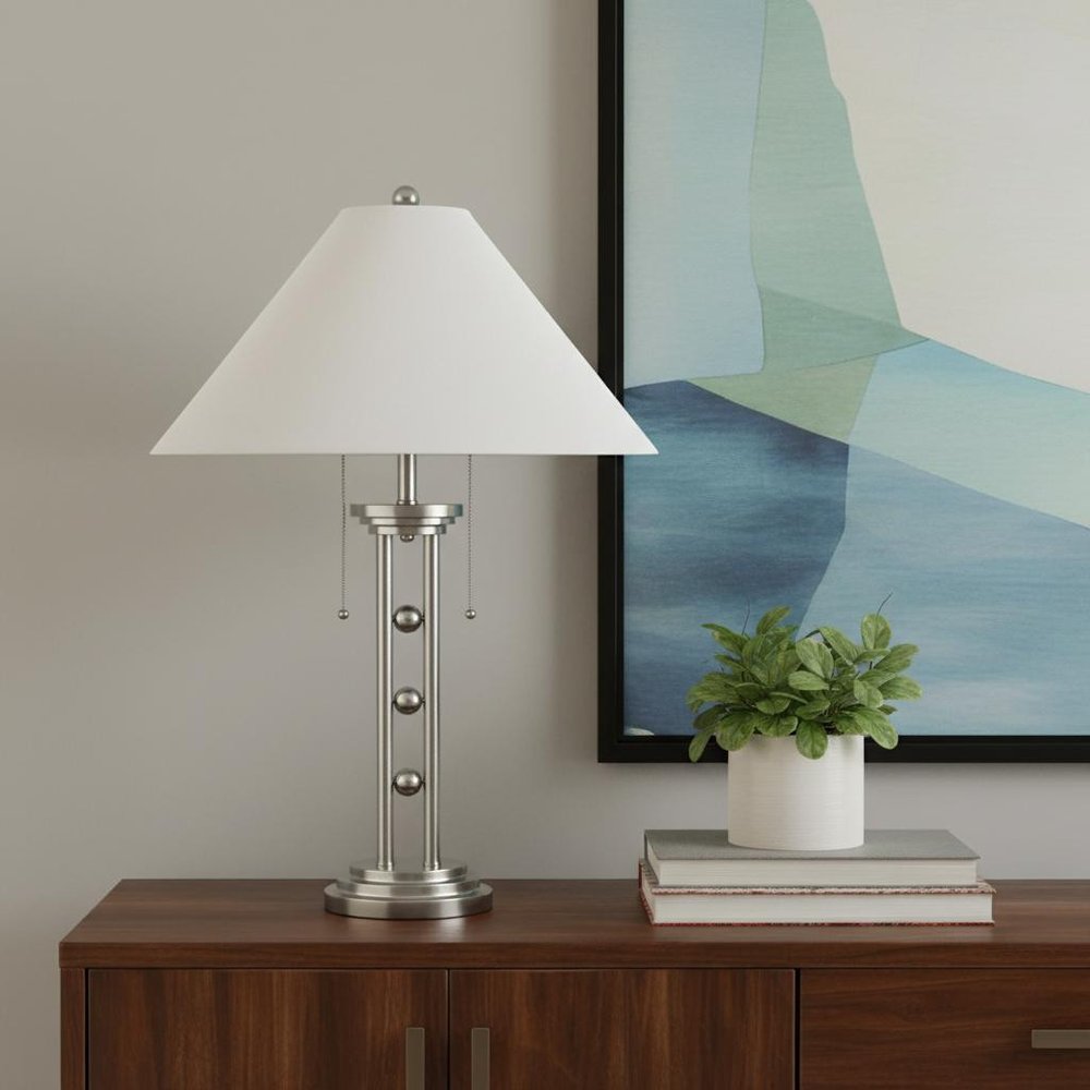 27" Silver Metal Two Light Table Lamp With White Classic Empire Shade HomeRoots