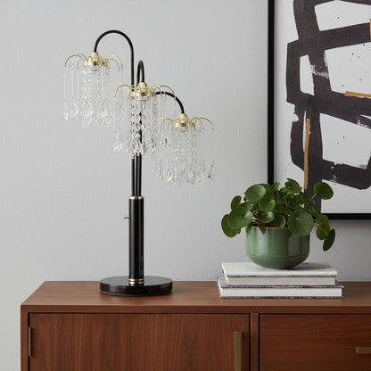34" Black Metal Three Light Chandelier Table Lamp HomeRoots