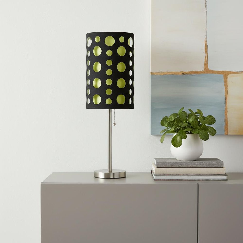 33" Silver Metal Mod Table Lamp With Black And Green Drum Shade HomeRoots