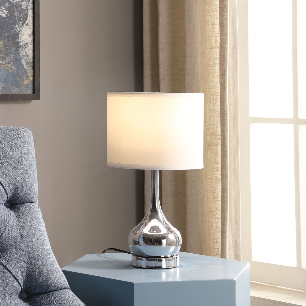 19" Silver Bedside Table Lamp With White Drum Shade HomeRoots