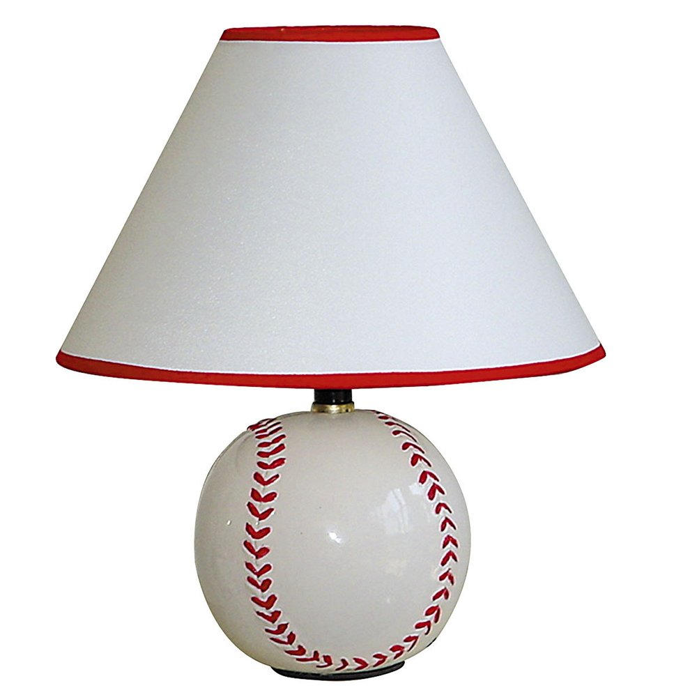 12" White and Red Ceramic Baseball Sports Table Lamp With White and Red Empire Shade HomeRoots