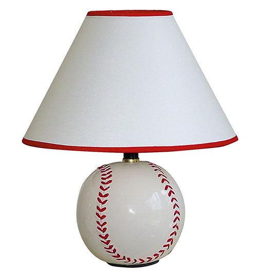 12" White and Red Ceramic Baseball Sports Table Lamp With White and Red Empire Shade HomeRoots