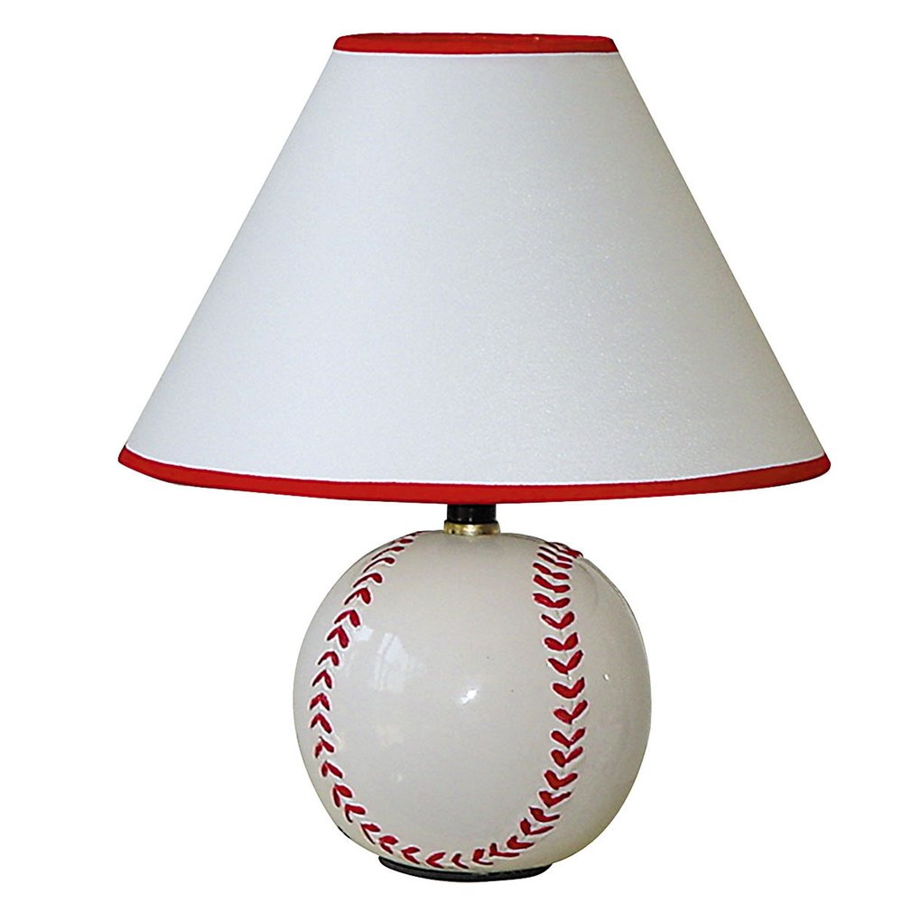 12" White and Red Ceramic Baseball Sports Table Lamp With White and Red Empire Shade HomeRoots