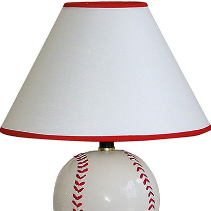 12" White and Red Ceramic Baseball Sports Table Lamp With White and Red Empire Shade HomeRoots