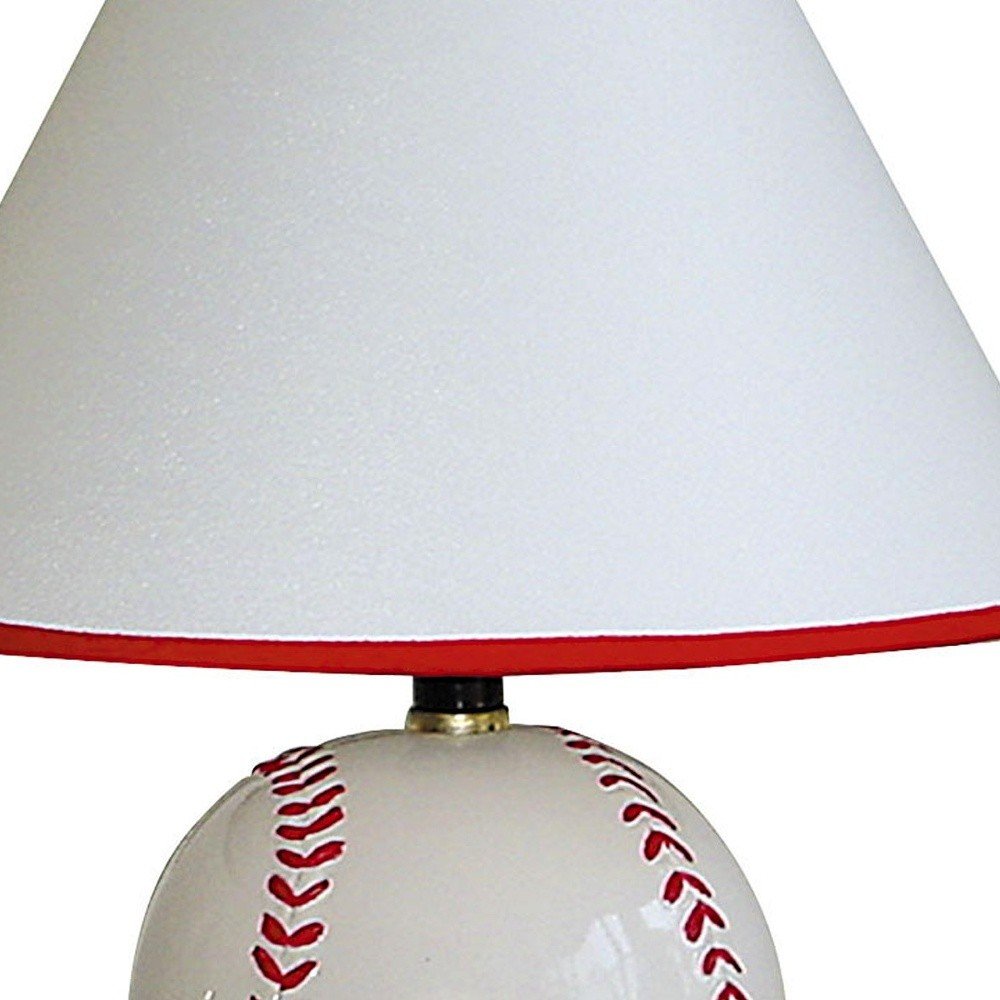 12" White and Red Ceramic Baseball Sports Table Lamp With White and Red Empire Shade HomeRoots