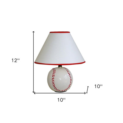 12" White and Red Ceramic Baseball Sports Table Lamp With White and Red Empire Shade HomeRoots