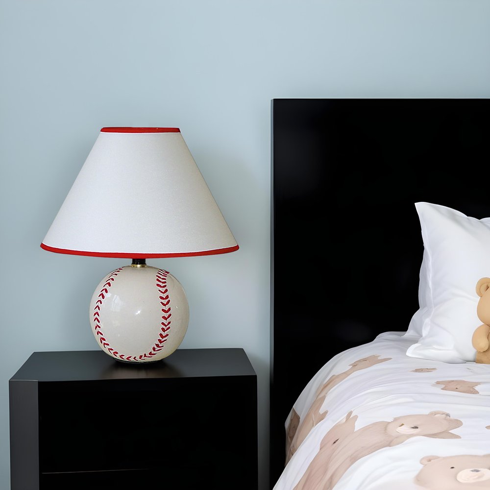 12" White and Red Ceramic Baseball Sports Table Lamp With White and Red Empire Shade HomeRoots