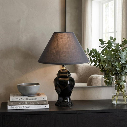 13" Black Ceramic Bedside Table Lamp With Black Shade HomeRoots