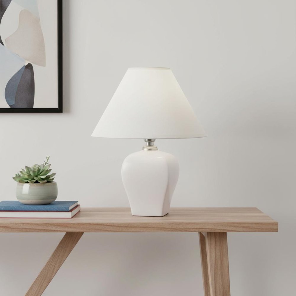 13" White Ceramic Bedside Table Lamp With Off-White Shade HomeRoots