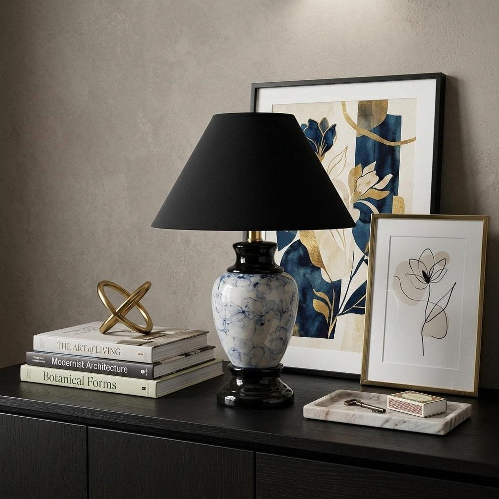 13" Black Ceramic Bedside Table Lamp With Black Shade HomeRoots