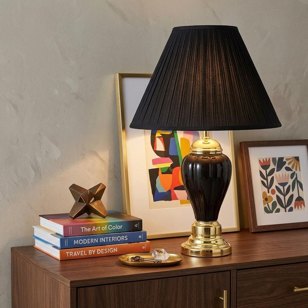 27" Black and Gold Ceramic Urn Table Lamp With Black Empire Shade HomeRoots