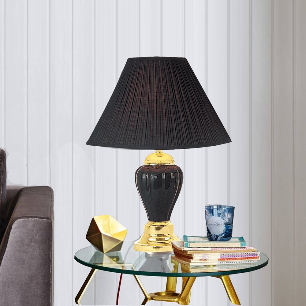 27" Black and Gold Ceramic Urn Table Lamp With Black Empire Shade HomeRoots