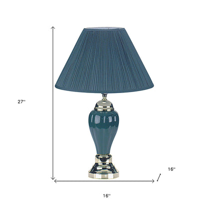 27" Teal Blue and Gold Ceramic Urn Table Lamp With Teal Blue Empire Shade