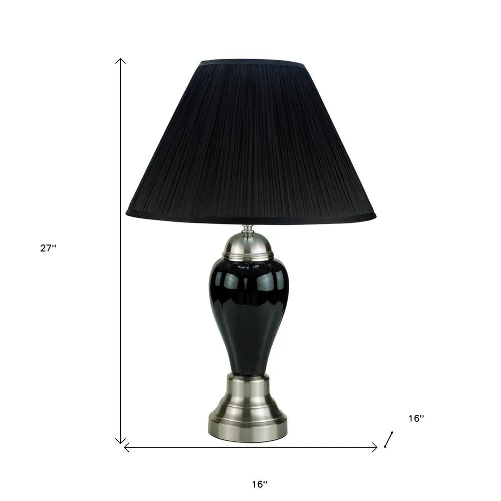 27" Black and Silver Ceramic Urn Table Lamp With Black Empire Shade HomeRoots