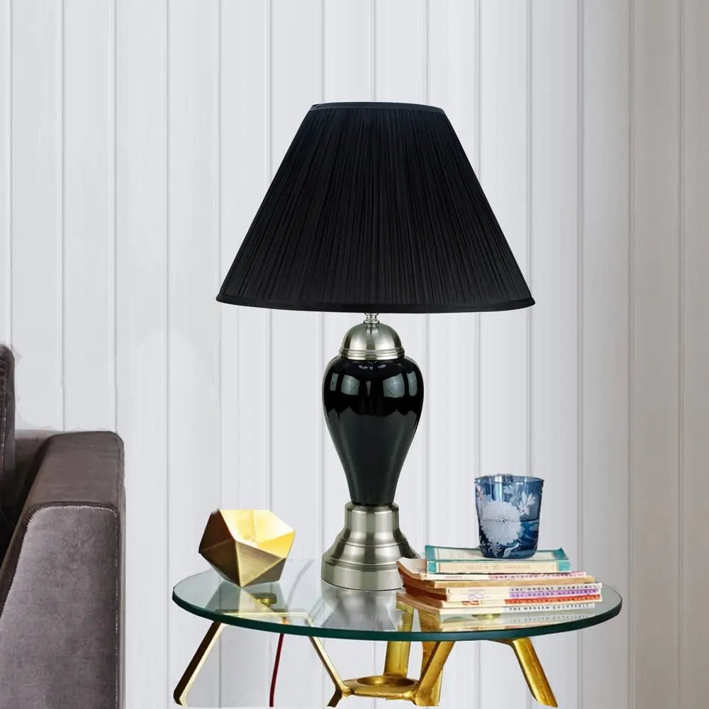 27" Black and Silver Ceramic Urn Table Lamp With Black Empire Shade HomeRoots