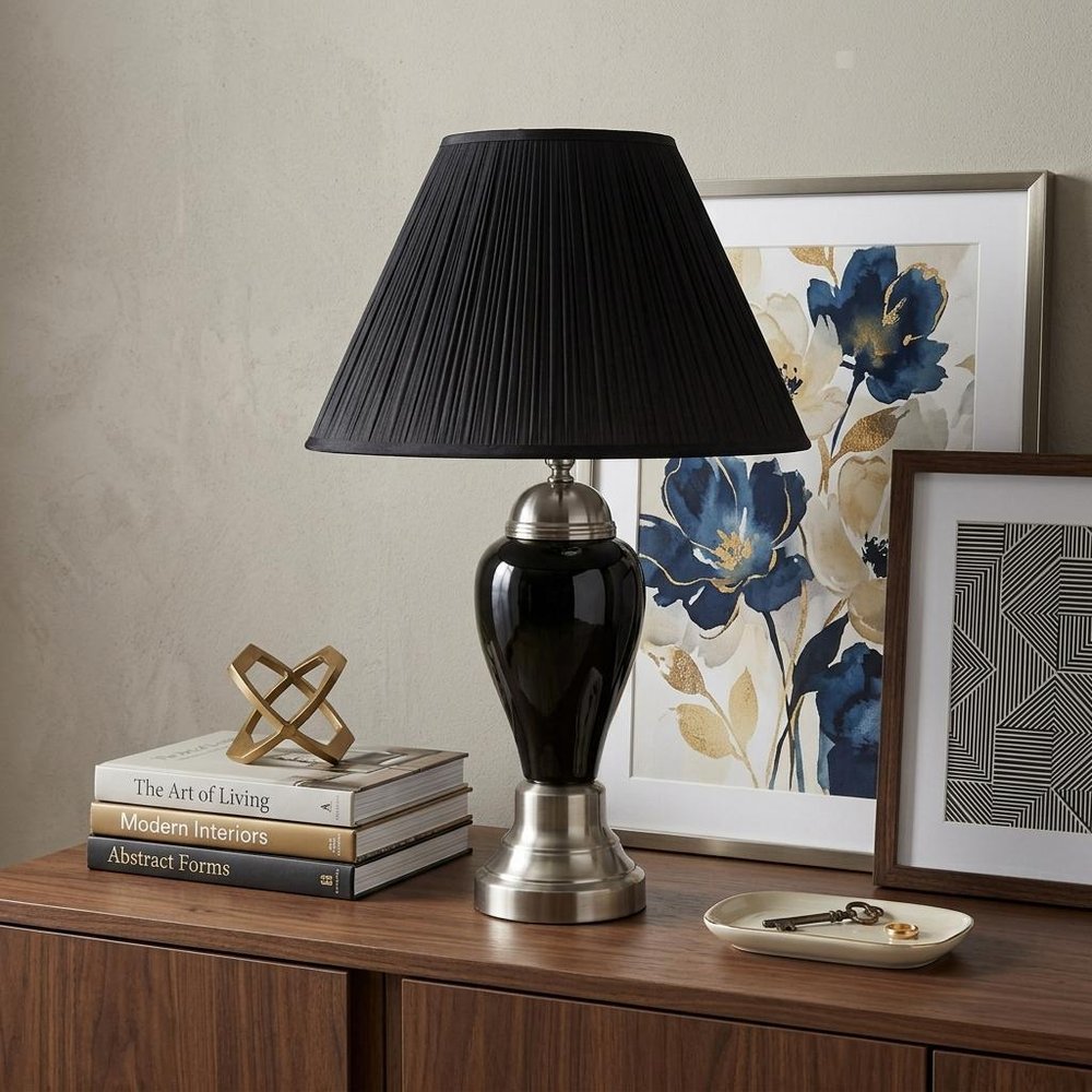 27" Black and Silver Ceramic Urn Table Lamp With Black Empire Shade HomeRoots