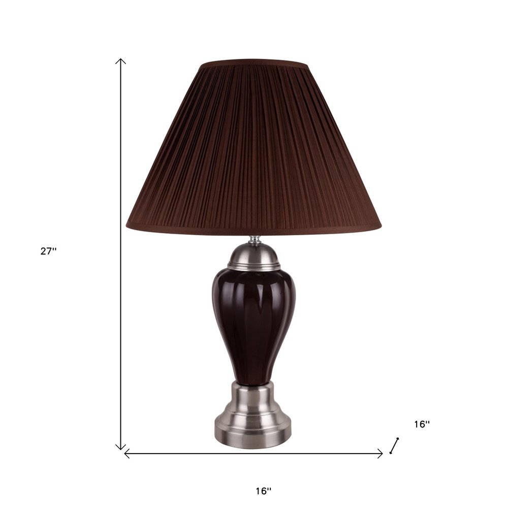 27" Silver Ceramic Urn Bedside Table Lamp With Brown Empire Shade — view 5