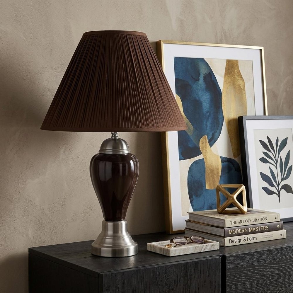 27" Silver Ceramic Urn Bedside Table Lamp With Brown Empire Shade HomeRoots
