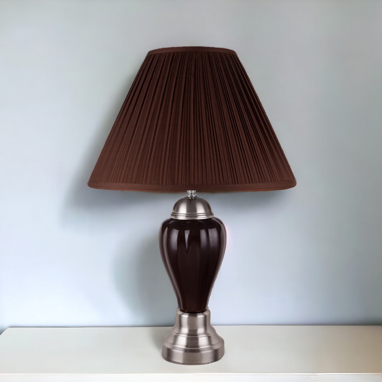 27" Silver Ceramic Urn Bedside Table Lamp With Brown Empire Shade