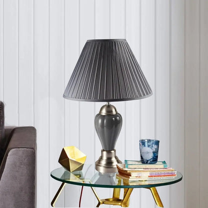 27" Gray and Silver Metal Urn Table Lamp With Gray Empire Shade HomeRoots