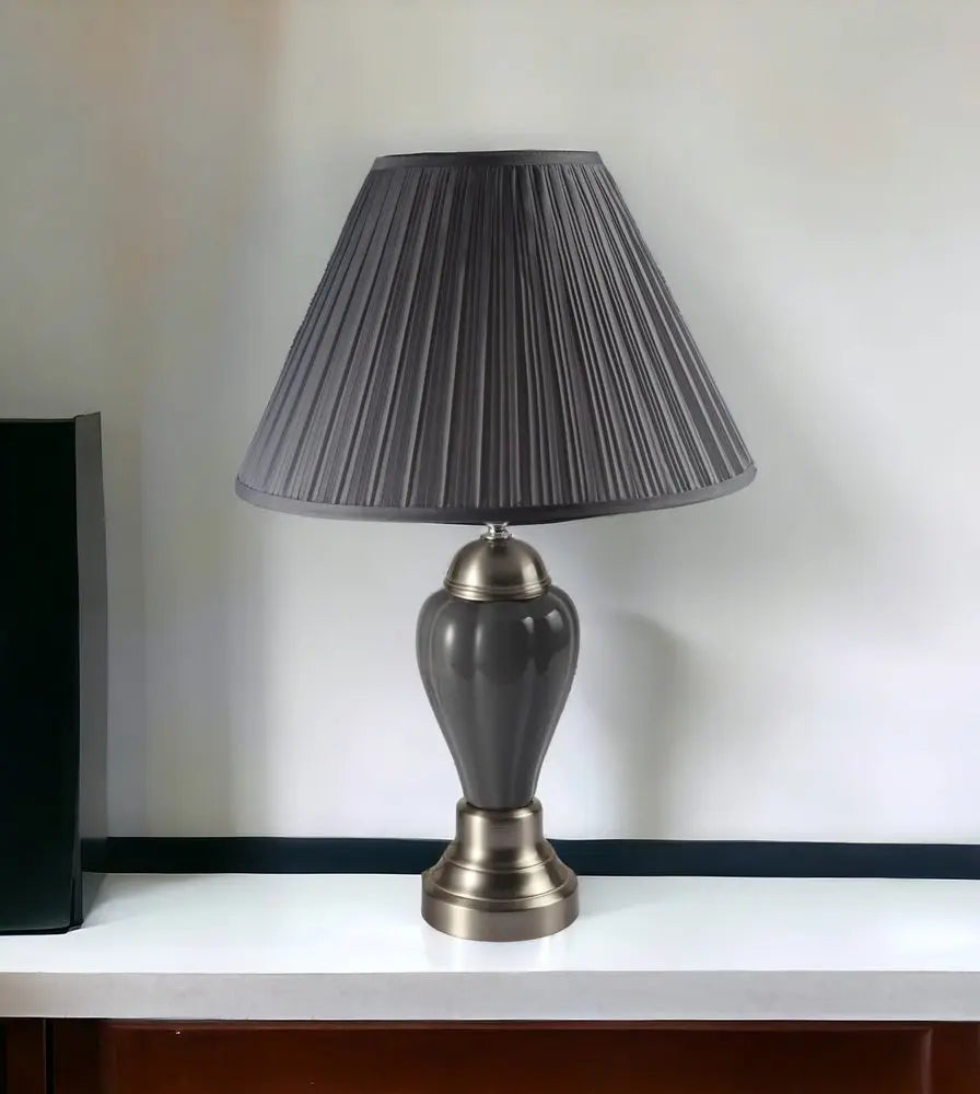 27" Gray and Silver Metal Urn Table Lamp With Gray Empire Shade HomeRoots