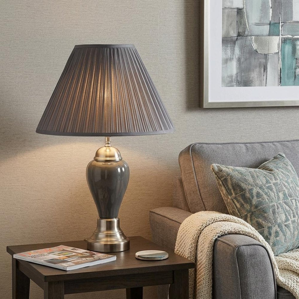 27" Gray and Silver Metal Urn Table Lamp With Gray Empire Shade HomeRoots