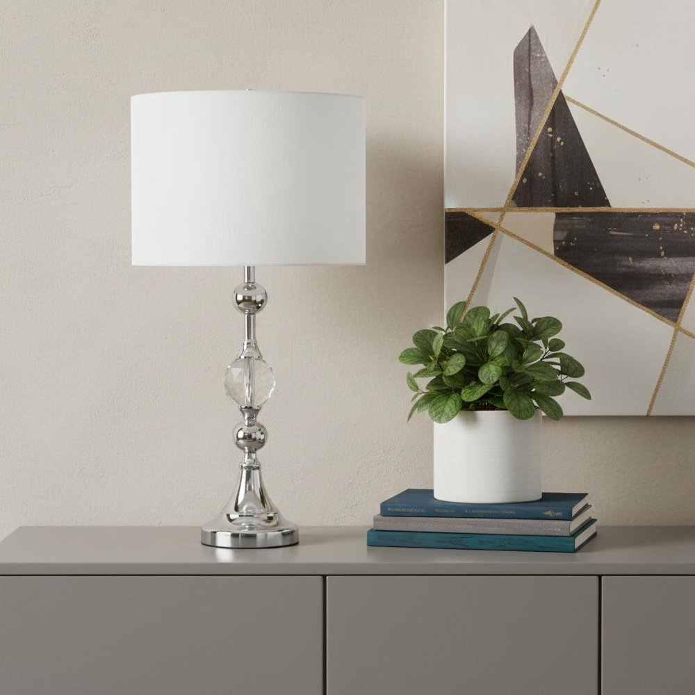 30" Silver Metal Bedside Table Lamp With White Classic Drum Shade HomeRoots