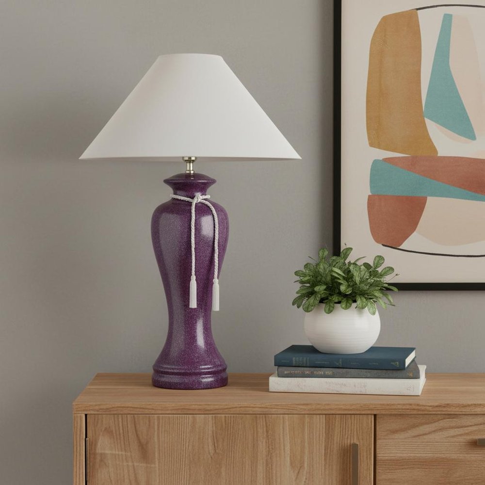 35" Red Burgundy Glaze Ceramic Urn Table Lamp With White Classic Empire Shade HomeRoots