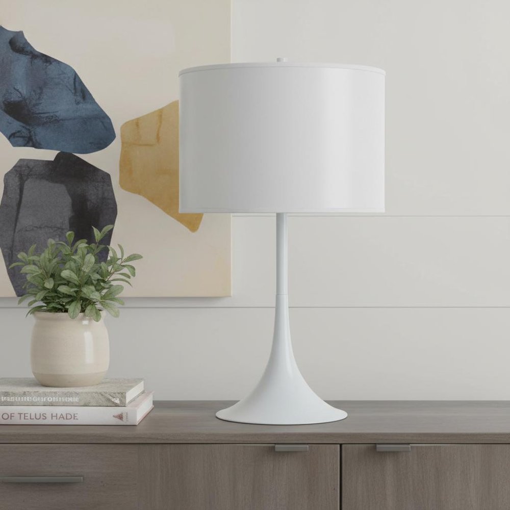 25" White Metal Table Lamp With White Classic Drum Shade HomeRoots