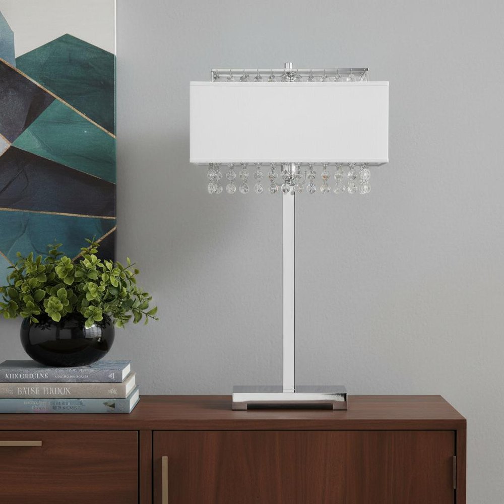 28" Silver Table Lamp With Faux Crystals and White Rectangle Shade HomeRoots