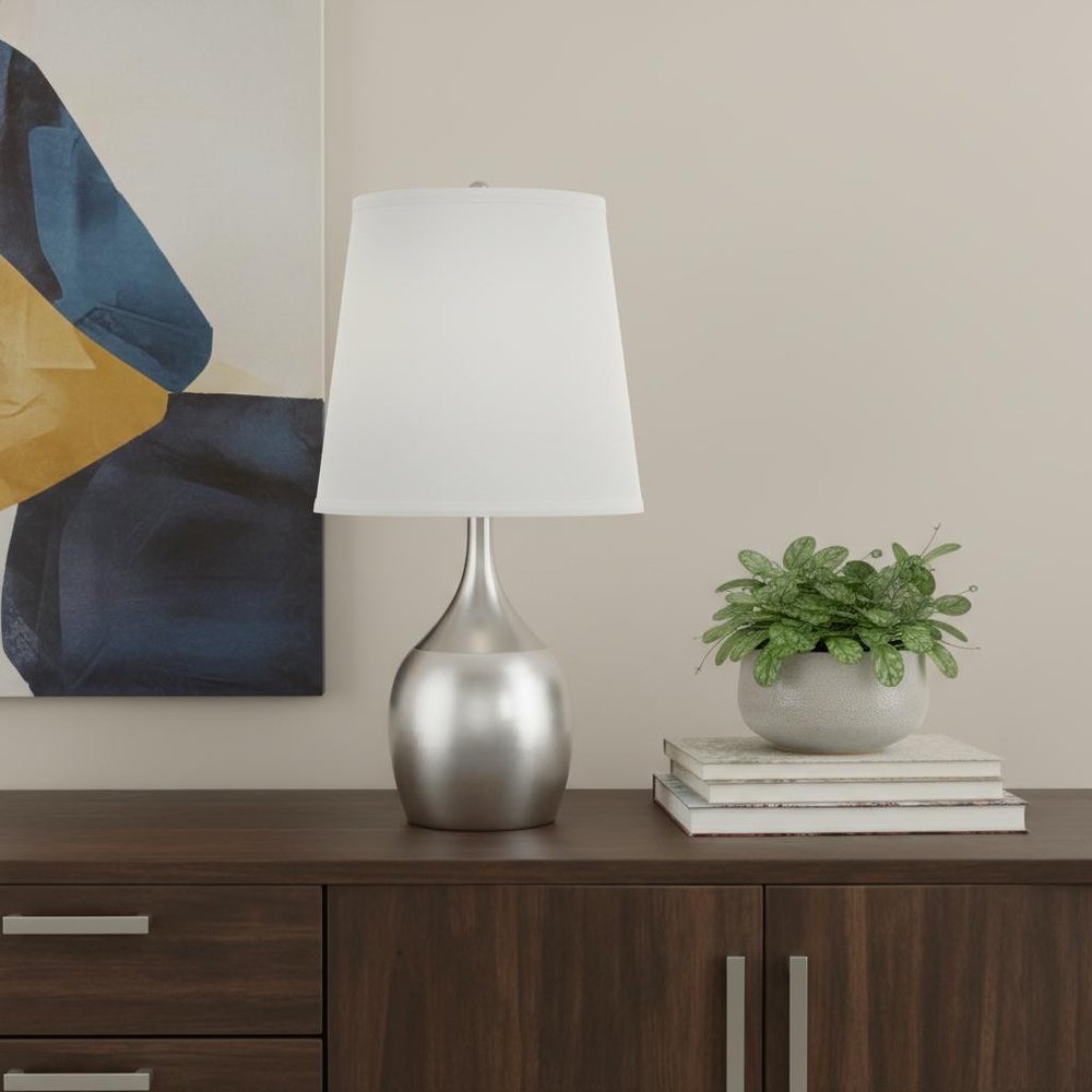 25" Silver Metal Gourd Table Lamp With White Tapered Drum Shade HomeRoots