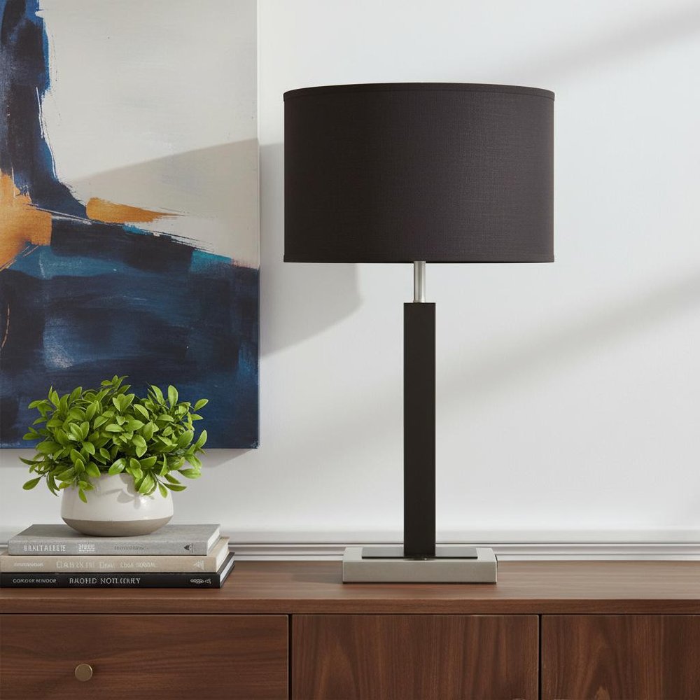 30" Black Polyresin Table Lamp With Brown Classic Drum Shade HomeRoots