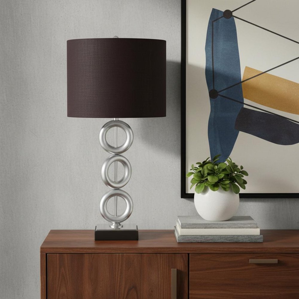 29" Silver Ceramic Geometric Table Lamp With Brown Classic Drum Shade HomeRoots