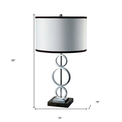 29" Silver Metal Bedside Geo Table Lamp With White and Black Trim Classic Drum Shade HomeRoots