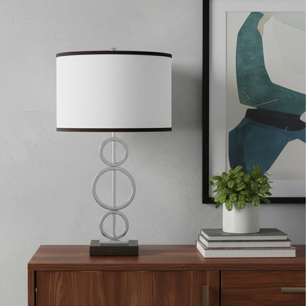 29" Silver Metal Bedside Geo Table Lamp With White and Black Trim Classic Drum Shade HomeRoots
