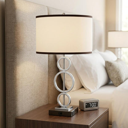 29" Silver Metal Bedside Geo Table Lamp With White and Black Trim Classic Drum Shade HomeRoots