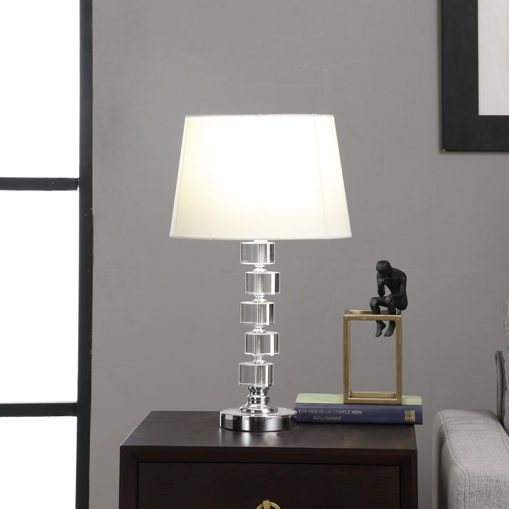 20" Silver Crystal Stacked Geo Cubes Table Lamp With White Classic Empire Shade HomeRoots