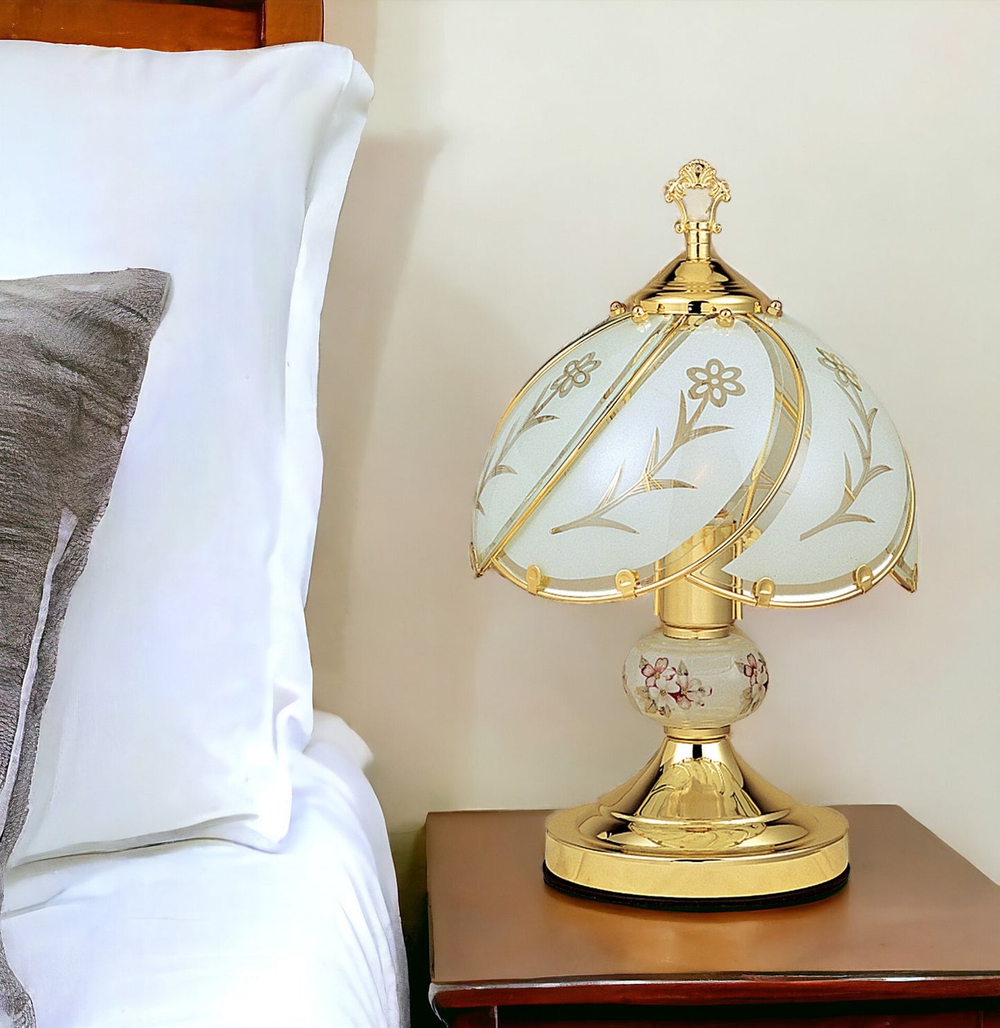 14" Gold Bedside Table Lamp With Floral Frosted Glass Shade