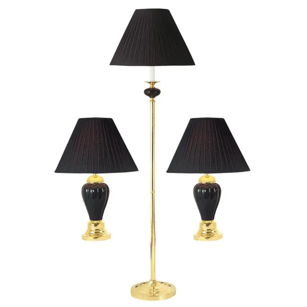 Set Of Three 64" Gold and White Ceramic Bedside Floor and Table Lamp Set With Off White Empire Shade HomeRoots