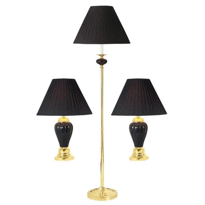 Set Of Three 64" Gold and White Ceramic Bedside Floor and Table Lamp Set With Off White Empire Shade HomeRoots