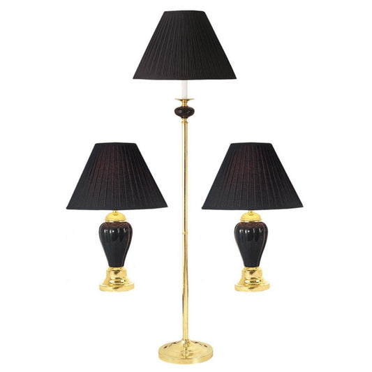 Set of Three 64" Black Urn Bedside Lamps With Empire Shades HomeRoots