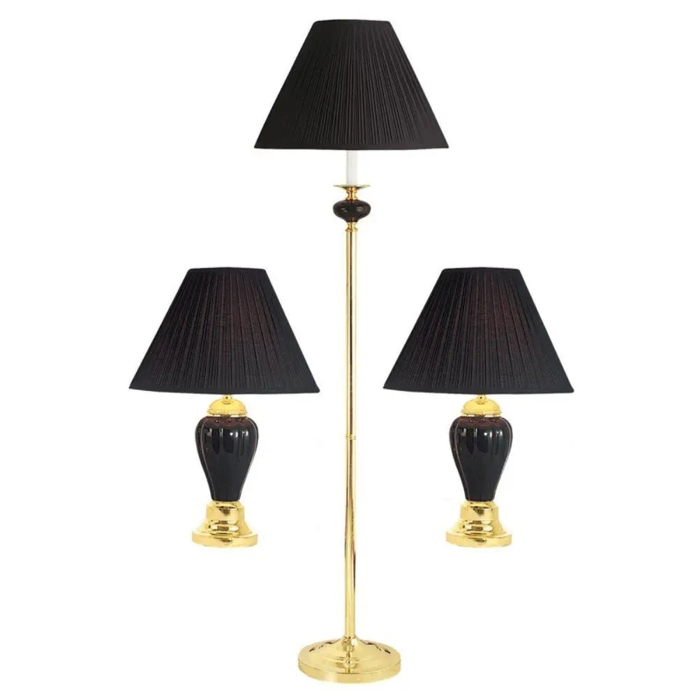 Set Of Three 64" Gold and White Ceramic Bedside Floor and Table Lamp Set With Off White Empire Shade HomeRoots