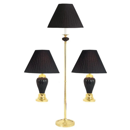 Set Of Three 64" Gold and White Ceramic Bedside Floor and Table Lamp Set With Off White Empire Shade HomeRoots