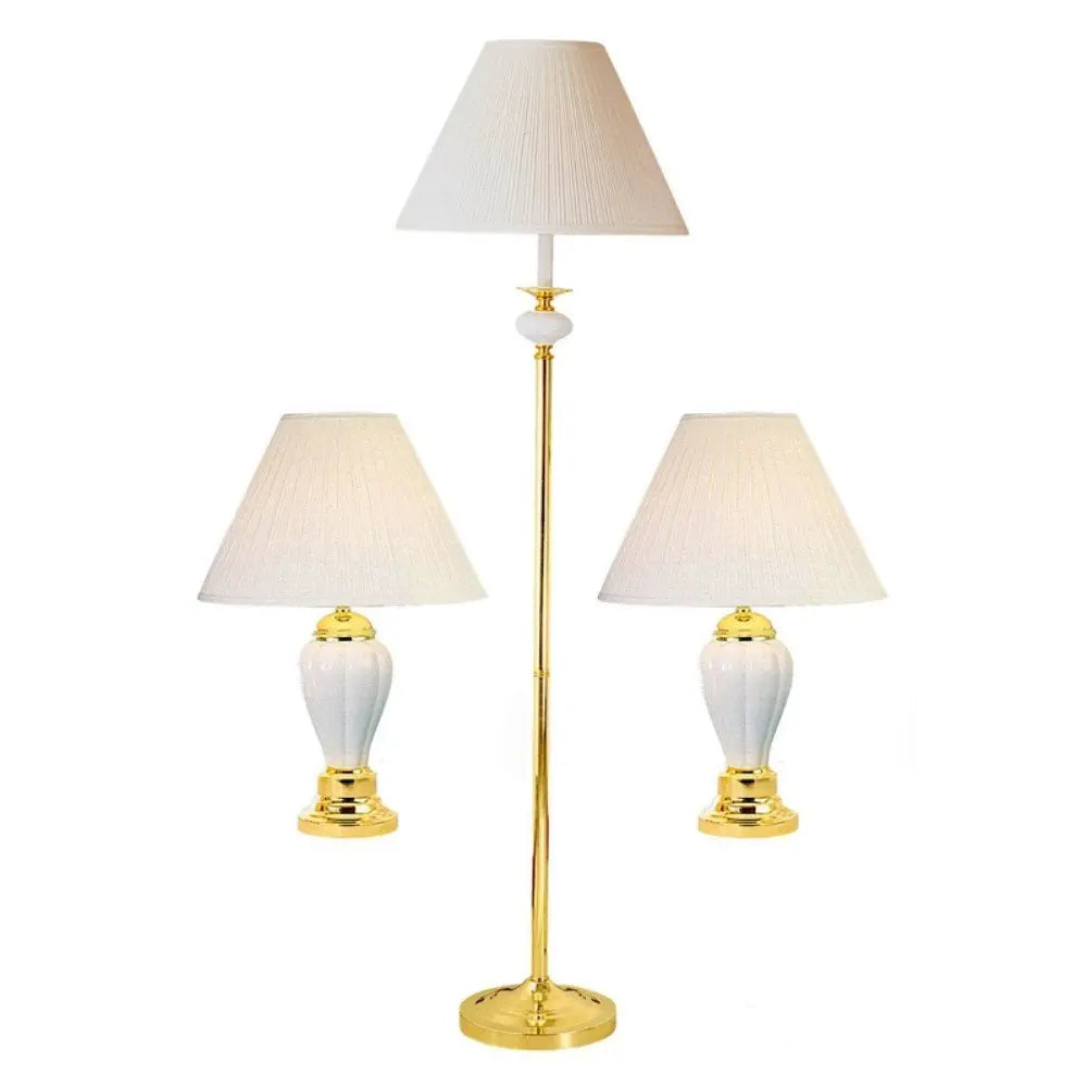 Set Of Three 64" Gold and White Ceramic Bedside Floor and Table Lamp Set With Off White Empire Shade HomeRoots