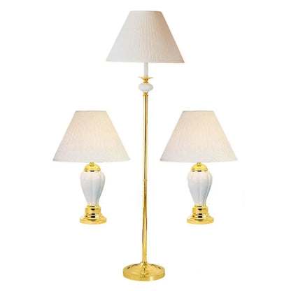 Set Of Three 64" Gold and White Ceramic Bedside Floor and Table Lamp Set With Off White Empire Shade HomeRoots